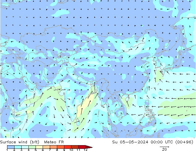 Surface wind (bft) Meteo FR Su 05.05.2024 00 UTC