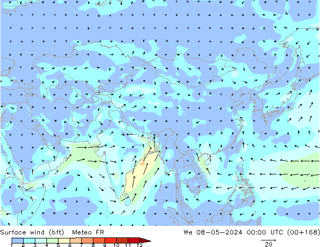 Wind 10 m (bft) Meteo FR wo 08.05.2024 00 UTC