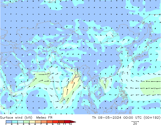 wiatr 10 m (bft) Meteo FR czw. 09.05.2024 00 UTC
