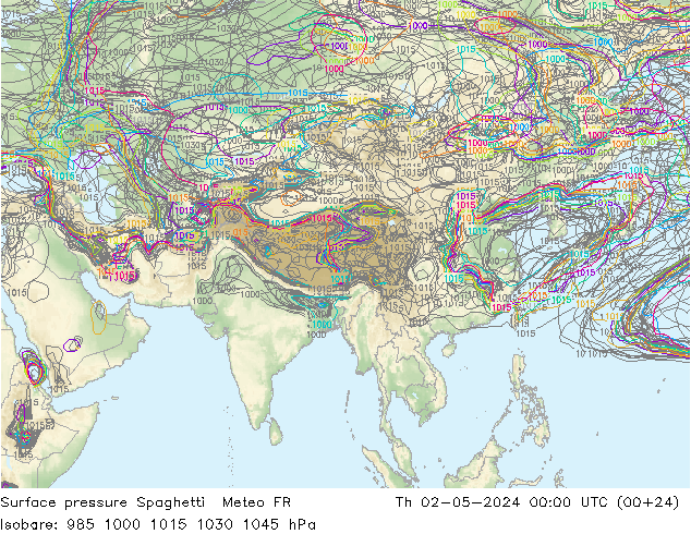 Pressione al suolo Spaghetti Meteo FR gio 02.05.2024 00 UTC