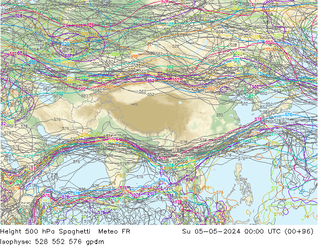 Height 500 гПа Spaghetti Meteo FR Вс 05.05.2024 00 UTC