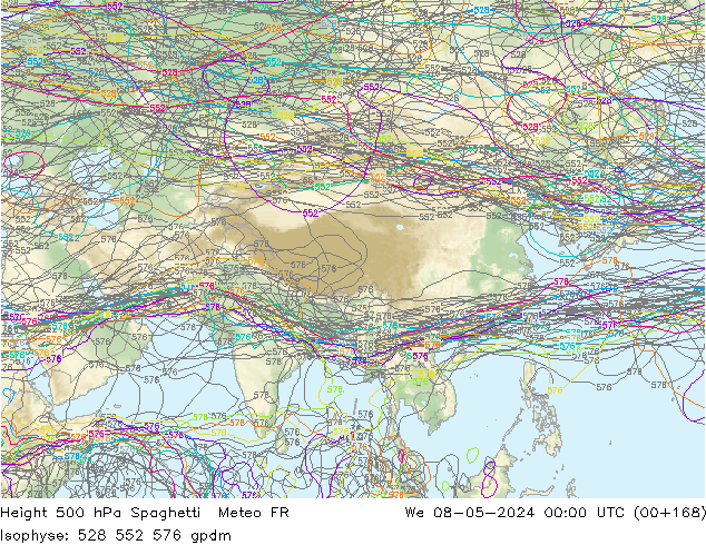 Height 500 hPa Spaghetti Meteo FR śro. 08.05.2024 00 UTC