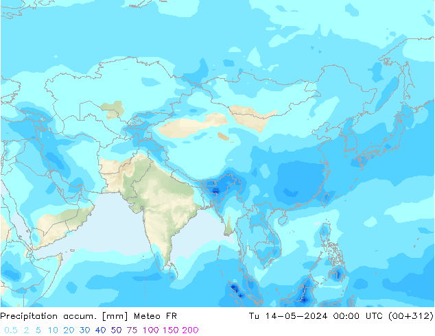 Precipitation accum. Meteo FR Út 14.05.2024 00 UTC