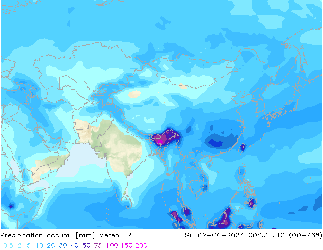 Totale neerslag Meteo FR zo 02.06.2024 00 UTC