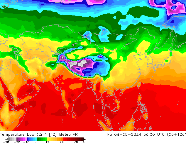 Nejnižší teplota (2m) Meteo FR Po 06.05.2024 00 UTC