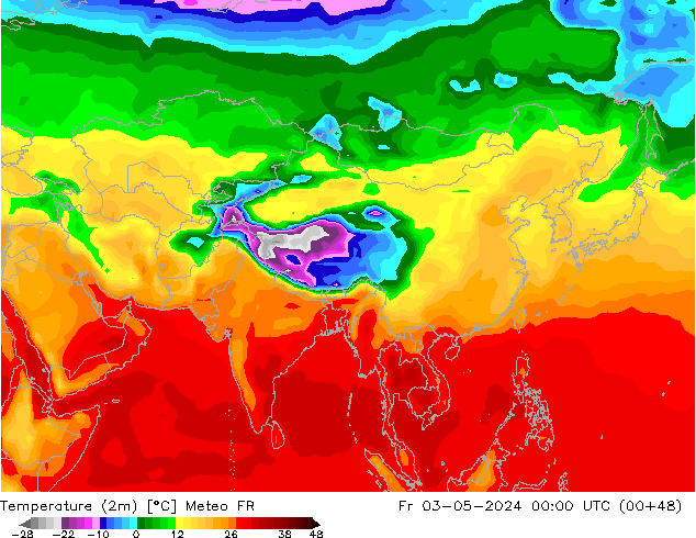 Temperatuurkaart (2m) Meteo FR vr 03.05.2024 00 UTC