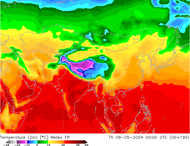 Temperatuurkaart (2m) Meteo FR do 09.05.2024 00 UTC