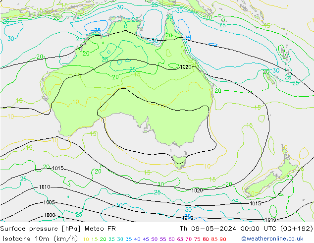 Isotachen (km/h) Meteo FR do 09.05.2024 00 UTC