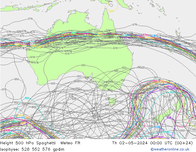 Hoogte 500 hPa Spaghetti Meteo FR do 02.05.2024 00 UTC