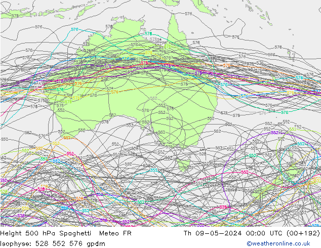 Height 500 hPa Spaghetti Meteo FR Qui 09.05.2024 00 UTC