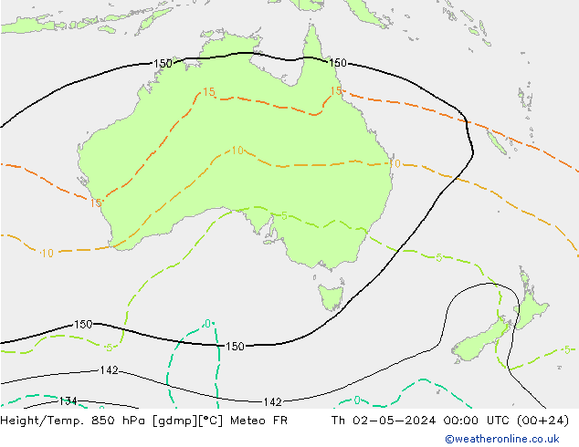 Hoogte/Temp. 850 hPa Meteo FR do 02.05.2024 00 UTC
