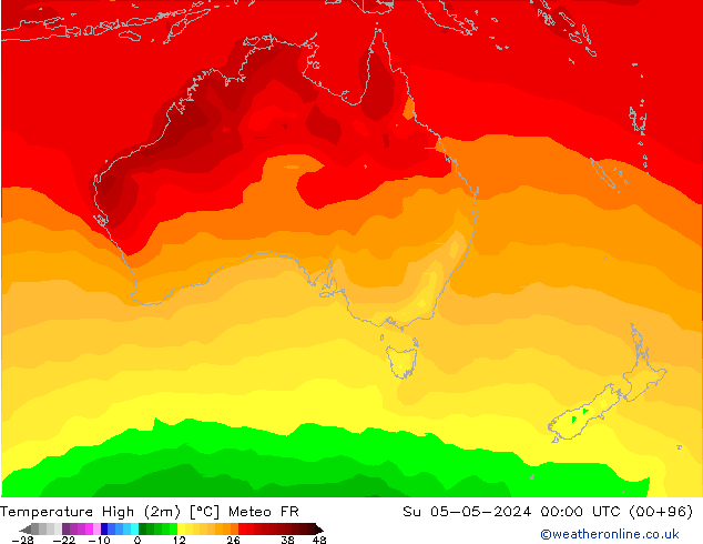 Temp. massima (2m) Meteo FR dom 05.05.2024 00 UTC