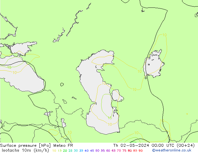 Izotacha (km/godz) Meteo FR czw. 02.05.2024 00 UTC