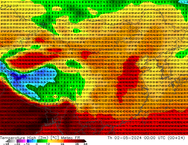 Temperature High (2m) Meteo FR 星期四 02.05.2024 00 UTC