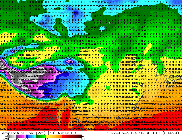 Nejnižší teplota (2m) Meteo FR Čt 02.05.2024 00 UTC
