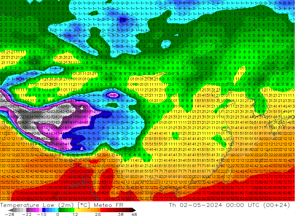 Nejnižší teplota (2m) Meteo FR Čt 02.05.2024 00 UTC