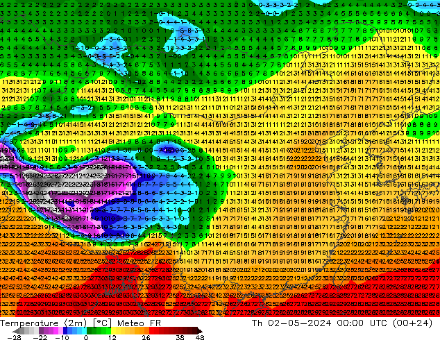mapa temperatury (2m) Meteo FR czw. 02.05.2024 00 UTC