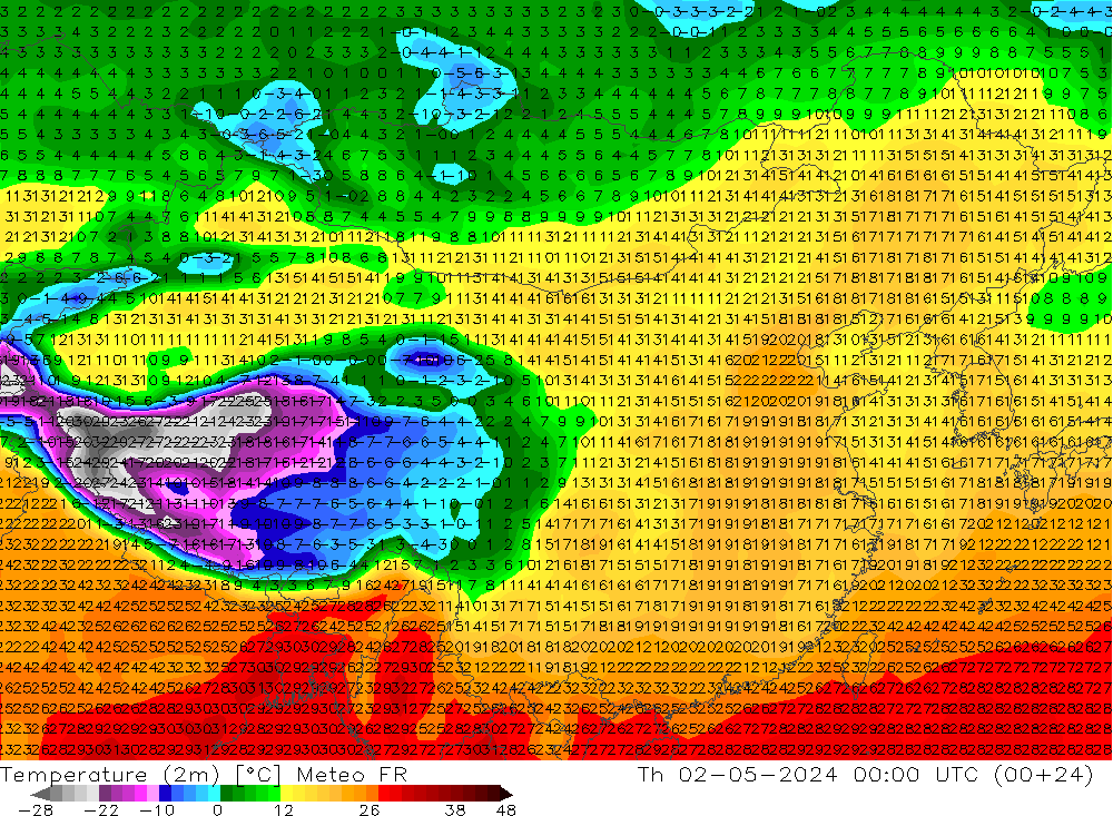 温度图 Meteo FR 星期四 02.05.2024 00 UTC