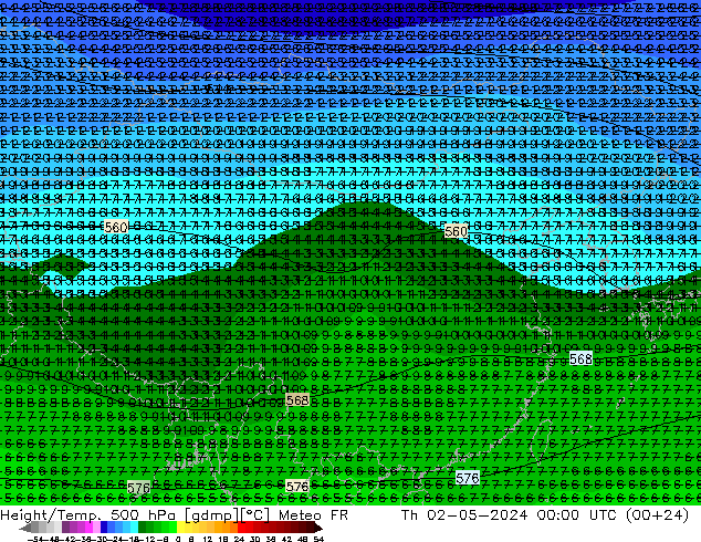 Height/Temp. 500 hPa Meteo FR Čt 02.05.2024 00 UTC