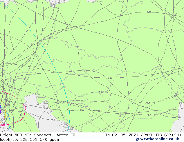 Height 500 hPa Spaghetti Meteo FR gio 02.05.2024 00 UTC