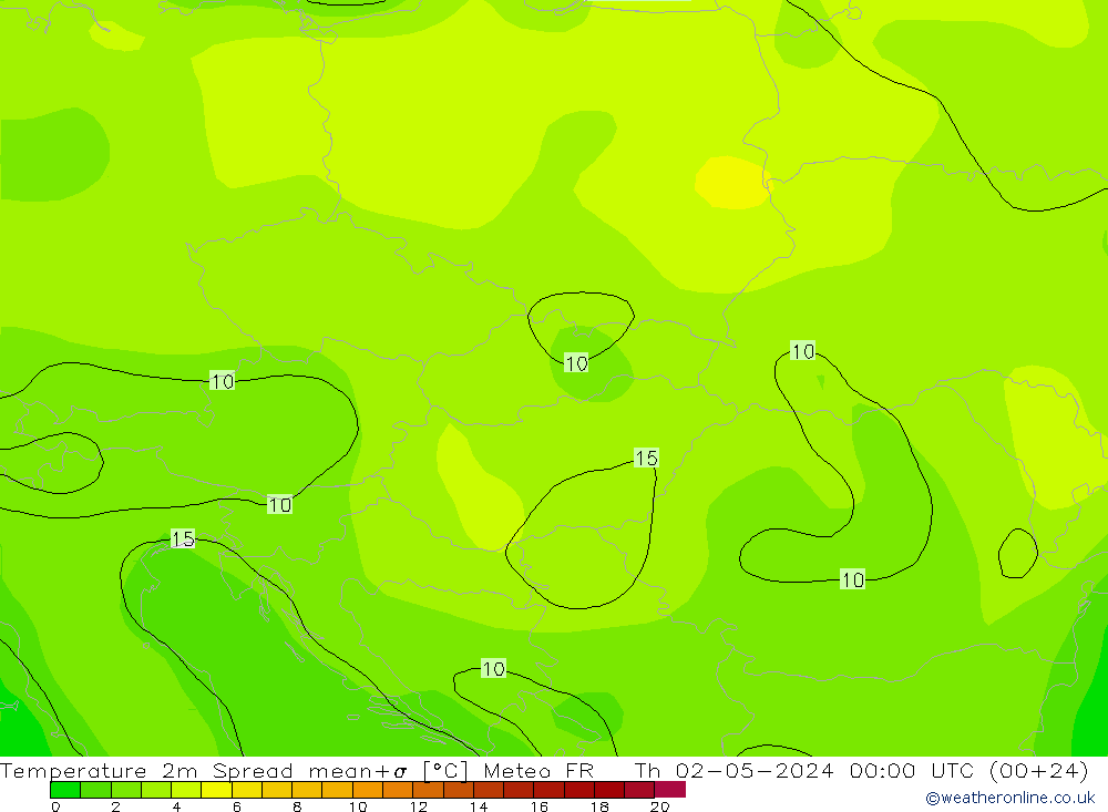 Temperature 2m Spread Meteo FR Čt 02.05.2024 00 UTC