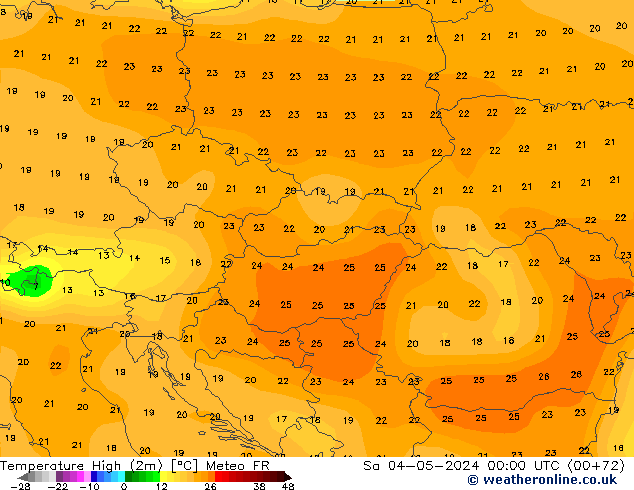 Nejvyšší teplota (2m) Meteo FR So 04.05.2024 00 UTC