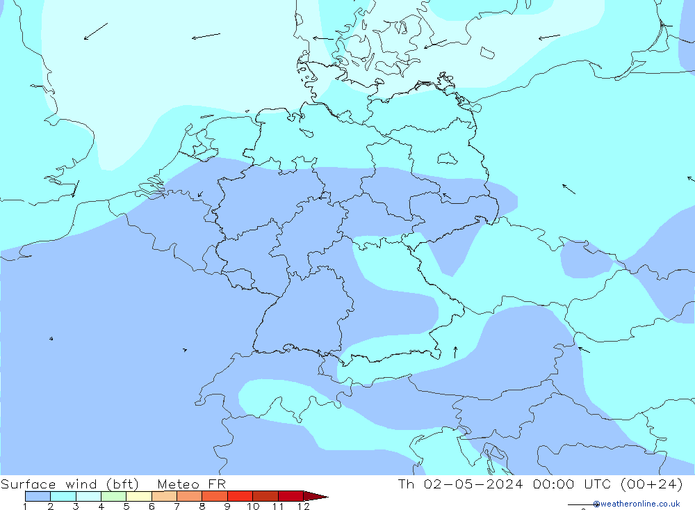 Viento 10 m (bft) Meteo FR jue 02.05.2024 00 UTC