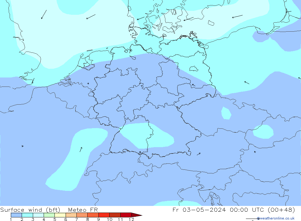 Rüzgar 10 m (bft) Meteo FR Cu 03.05.2024 00 UTC