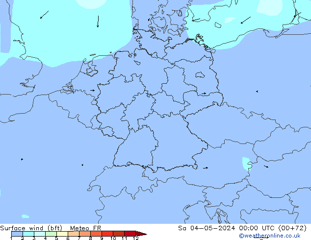 �N 10 米 (bft) Meteo FR 星期六 04.05.2024 00 UTC