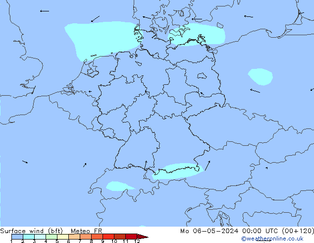 Vento 10 m (bft) Meteo FR lun 06.05.2024 00 UTC