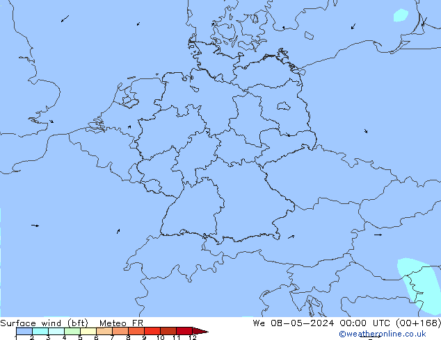 Vento 10 m (bft) Meteo FR mer 08.05.2024 00 UTC