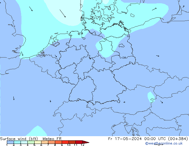 Surface wind (bft) Meteo FR Pá 17.05.2024 00 UTC