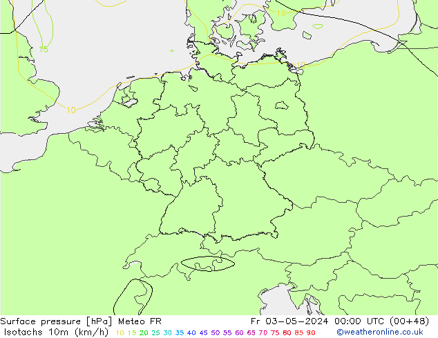 Izotacha (km/godz) Meteo FR pt. 03.05.2024 00 UTC