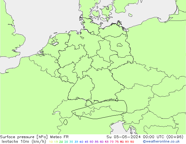 Isotachen (km/h) Meteo FR zo 05.05.2024 00 UTC