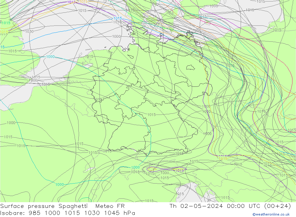 Surface pressure Spaghetti Meteo FR Th 02.05.2024 00 UTC