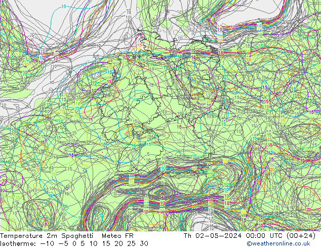 Temperatura 2m Spaghetti Meteo FR Qui 02.05.2024 00 UTC