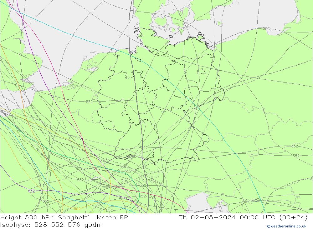 Height 500 hPa Spaghetti Meteo FR Do 02.05.2024 00 UTC