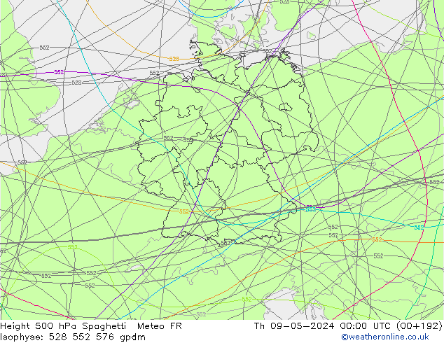 Height 500 hPa Spaghetti Meteo FR Čt 09.05.2024 00 UTC