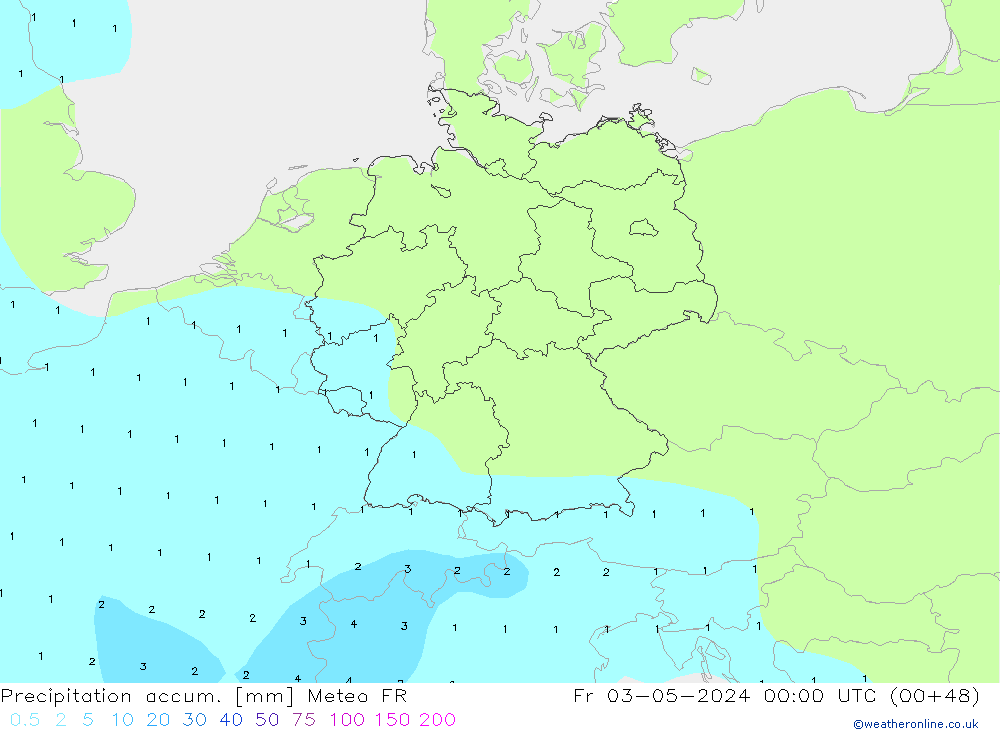 Precipitation accum. Meteo FR Fr 03.05.2024 00 UTC