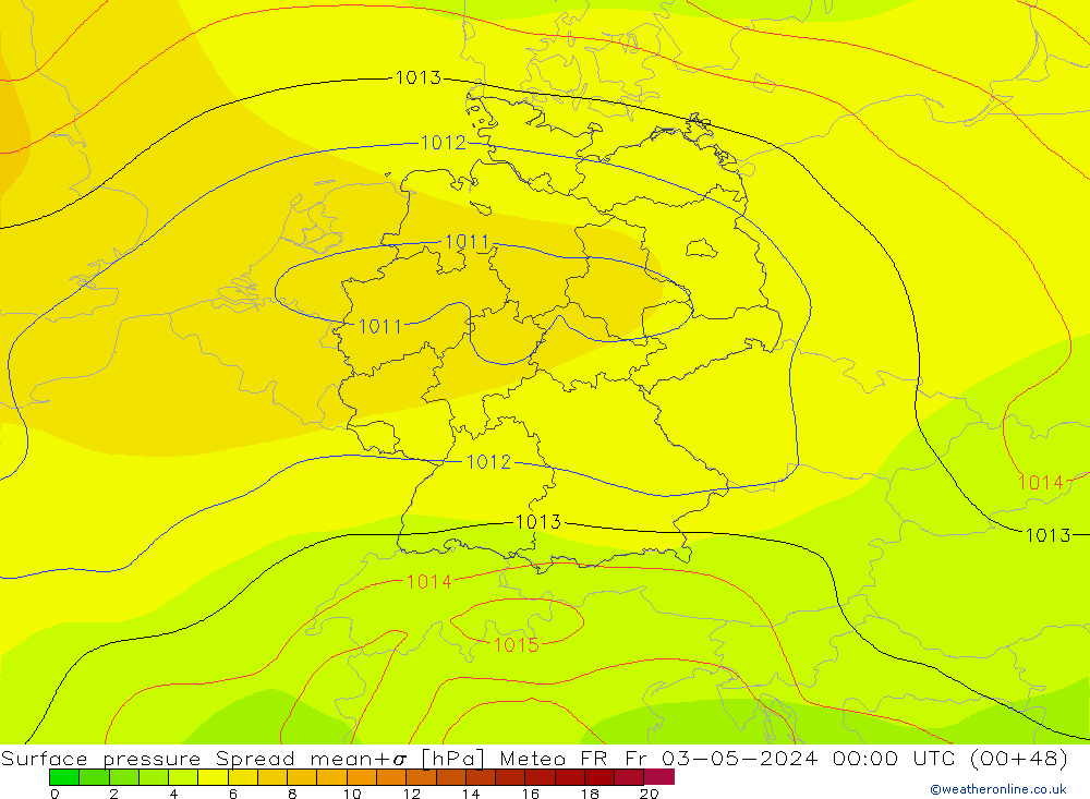 Atmosférický tlak Spread Meteo FR Pá 03.05.2024 00 UTC