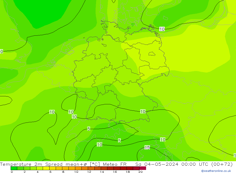 température 2m Spread Meteo FR sam 04.05.2024 00 UTC