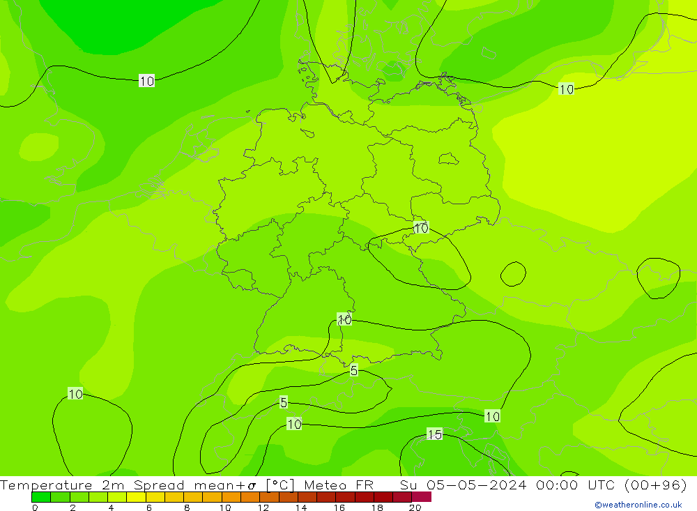 Temperature 2m Spread Meteo FR Su 05.05.2024 00 UTC