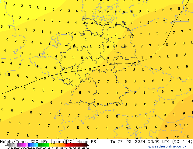 Hoogte/Temp. 850 hPa Meteo FR di 07.05.2024 00 UTC