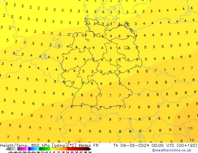 Hoogte/Temp. 850 hPa Meteo FR do 09.05.2024 00 UTC