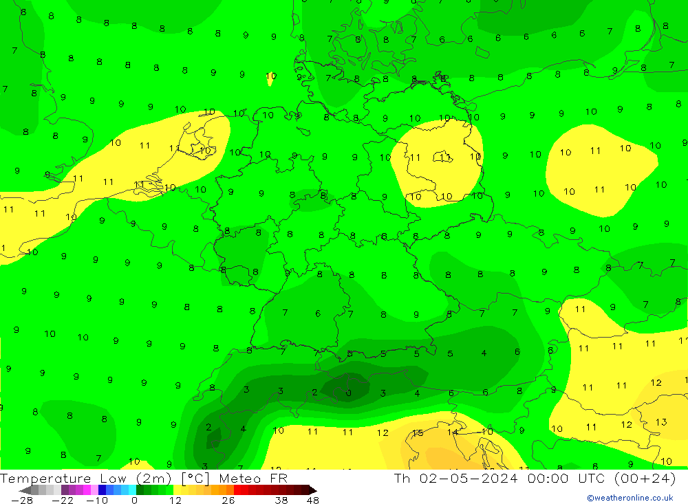 Temp. minima (2m) Meteo FR gio 02.05.2024 00 UTC