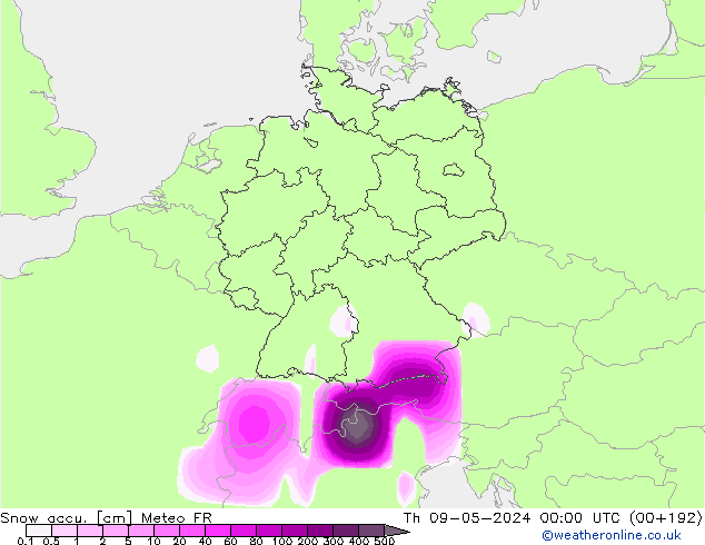 Snow accu. Meteo FR Th 09.05.2024 00 UTC