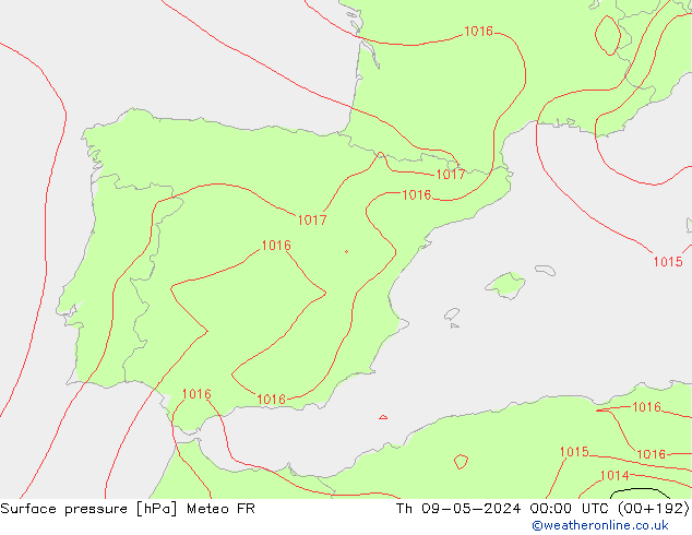 Presión superficial Meteo FR jue 09.05.2024 00 UTC