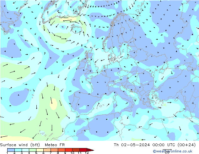 Surface wind (bft) Meteo FR Čt 02.05.2024 00 UTC