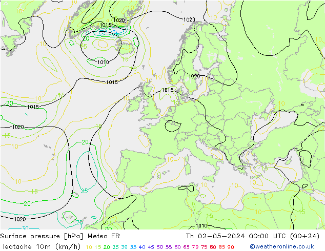 Isotachs (kph) Meteo FR Čt 02.05.2024 00 UTC