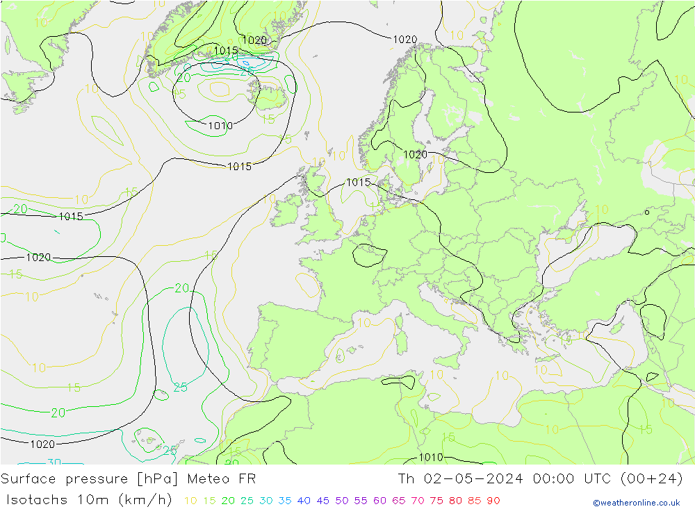 Isotachen (km/h) Meteo FR Do 02.05.2024 00 UTC